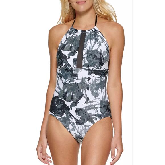 Calvin Klein INK SMOKE BLACK MULTI High-Neck Halter One-Piece Swimsuit, US 4 NWT - Picture 1 of 4